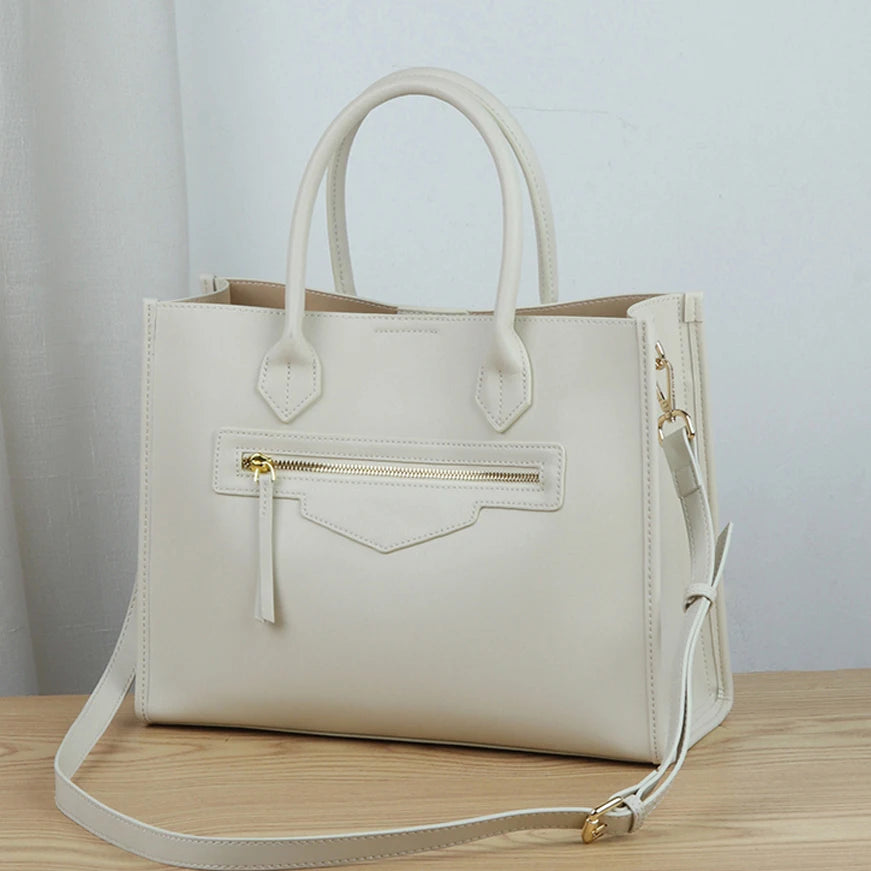 Luxury Cowhide Leather Tote Bag – Large Capacity Shoulder Bag with Laptop Compartment for Women