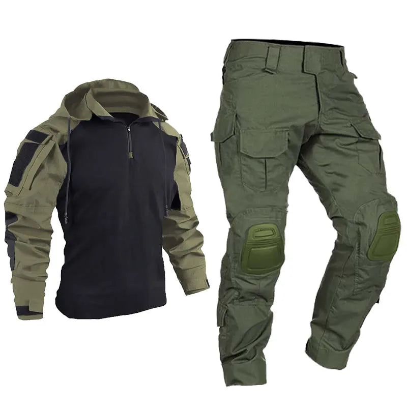 Men's Tactical Combat Suit – Camo Hooded Shirt & Cargo Pants with Pads