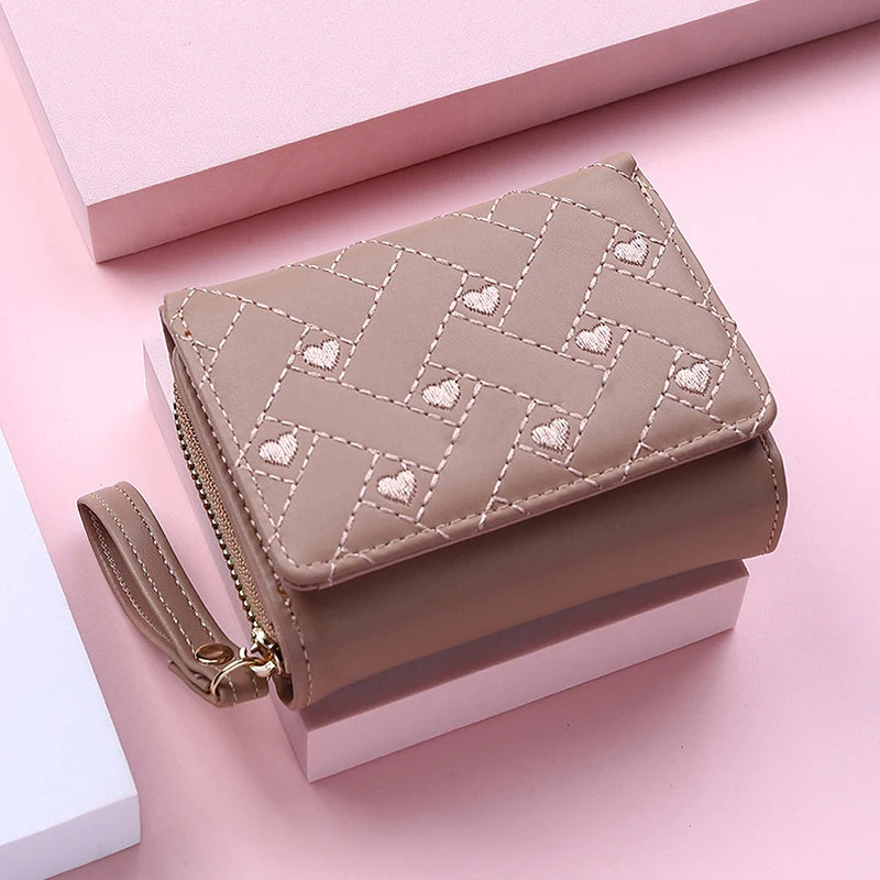 Women's Tri-Fold Wallet – Embroidered Love Pattern, Multi-Slot Card Holder