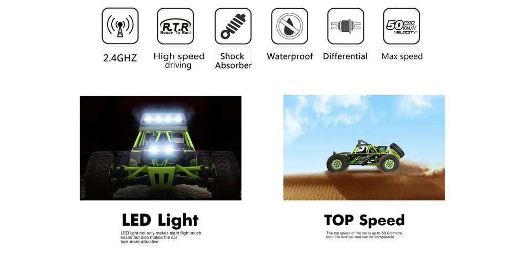 WLtoys 12428 1:12 Scale 4WD RC Racing Car – 50KM/H Alloy Off-Road Climbing Truck with LED Lights