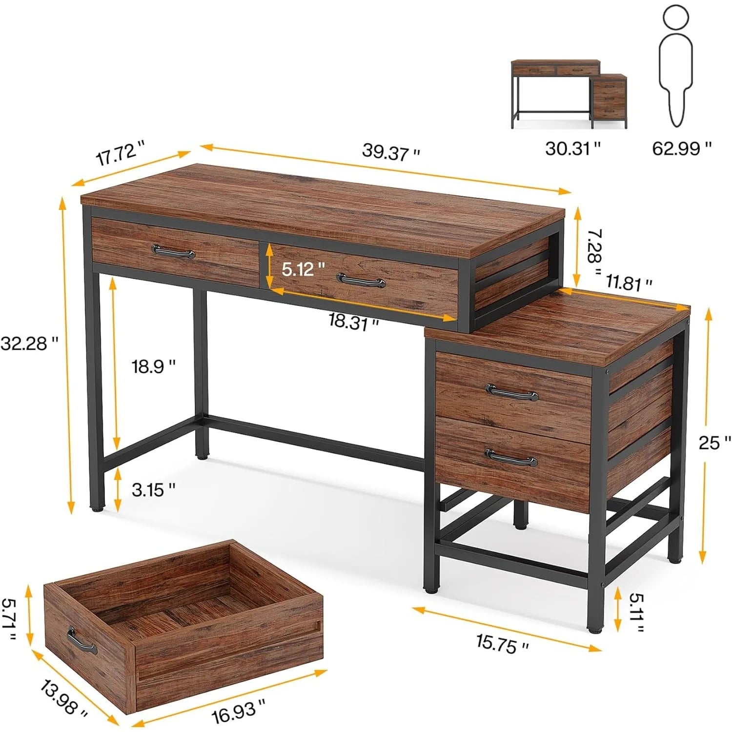 Vanity Desk with 5 Drawers & 3-Drawer Side Chest — No Mirror