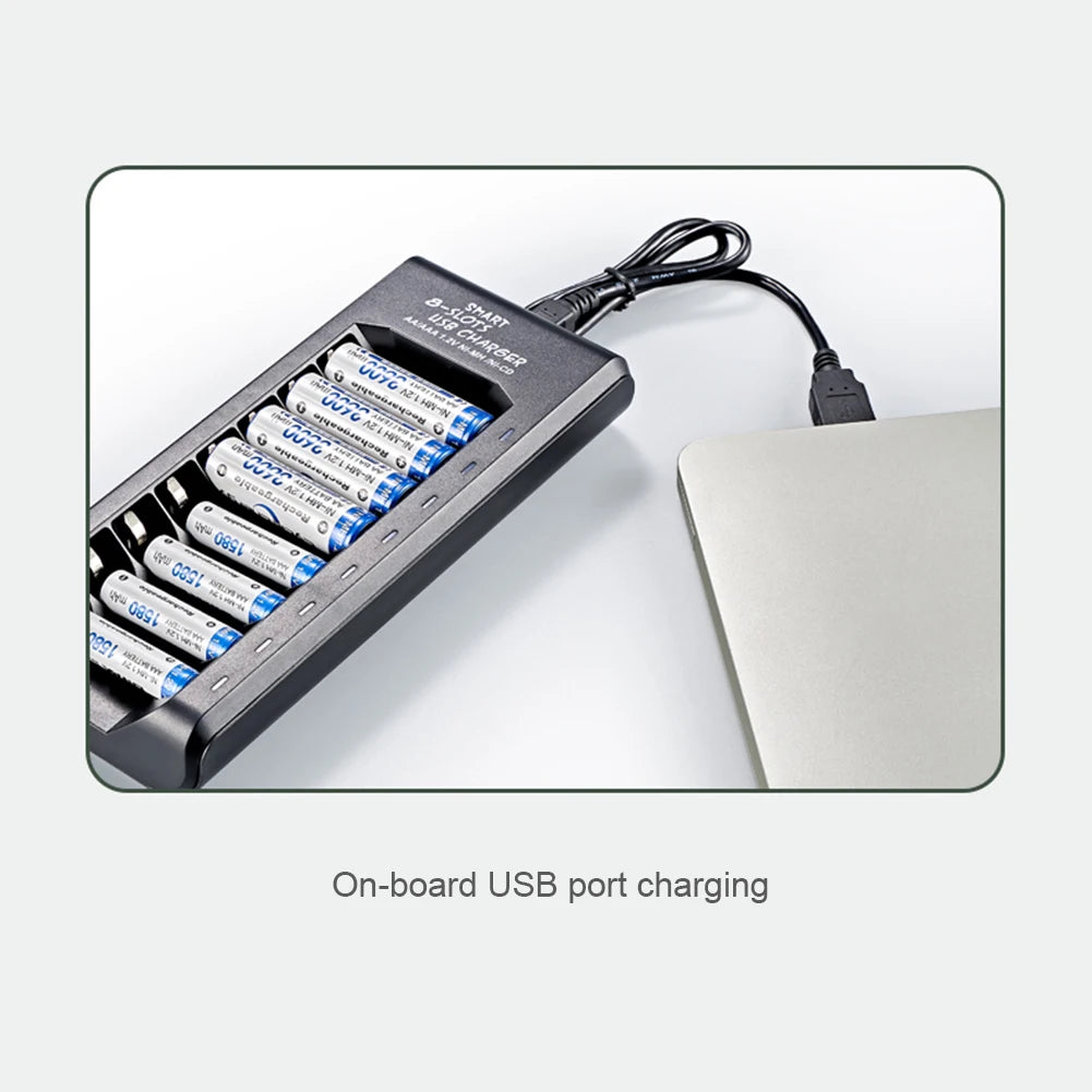 8-Slot USB NiMH AA/AAA Battery Charger – Fast Charging with Short Circuit Protection & USB Output