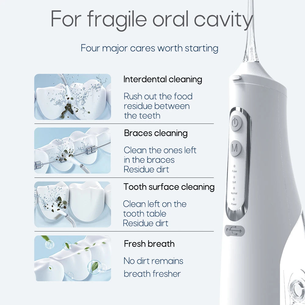 Portable Oral Irrigator – USB Rechargeable, 310ml Tank, 4 Pressure Modes, IPX7, 4 Nozzles