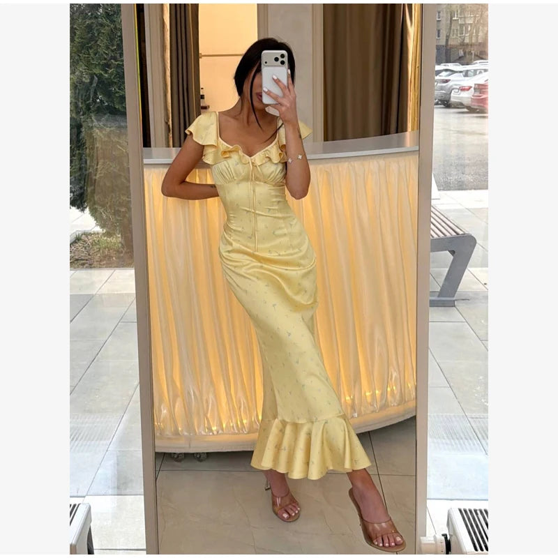 Butter Yellow Satin Bias Cut Lace Patchwork Midi Dress – V-Neck Backless Y2K Party Dress