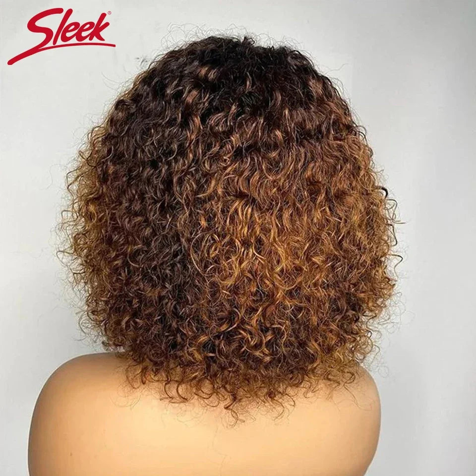 Short Pixie Bob Jerry Curly Human Hair Wig — Full Machine with Bangs, Highlight Colors