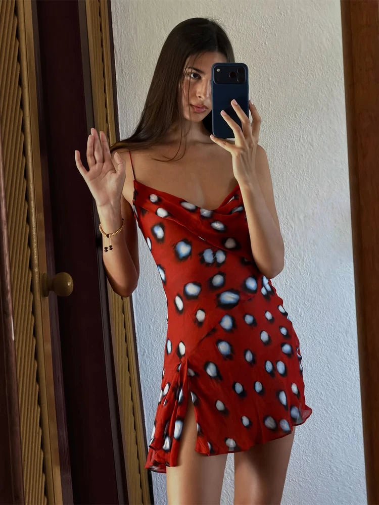 Women's V-Neck Lace-Up Polka Dot Mesh Dress – Flared Sleeve Slim Fit Casual Daily Dress