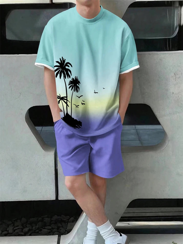 Men's Hawaiian Gradient Coconut Print T-Shirt & Pants 2-Piece Set – Beach Summer Sport