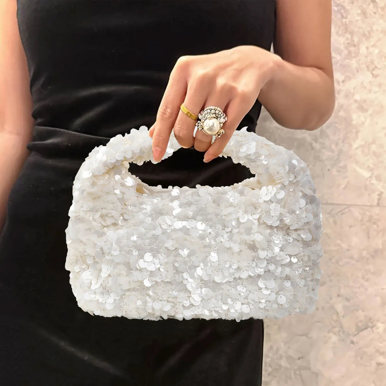 White Sequin Hobo Bucket Bag – Shiny Evening Clutch Tote for Wedding Party & Special Occasions