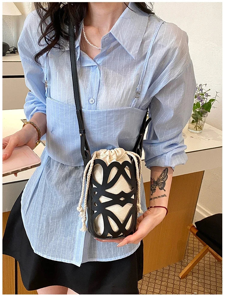 Brilliant Fish Hollow Out Drawstring Mini Bucket Crossbody Bag – Adjustable Strap Shoulder Bag for Women