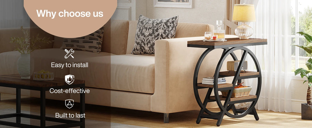 3-Tier Narrow End Table with Storage — Wood & Geometric Metal Frame