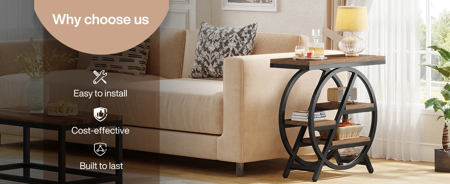 3-Tier Narrow End Table with Storage — Wood & Geometric Metal Frame