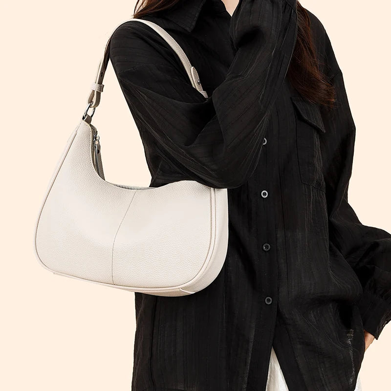 100% Genuine Cowhide Leather Half-Moon Underarm Tote Bag – Crossbody Shoulder Bag for Women