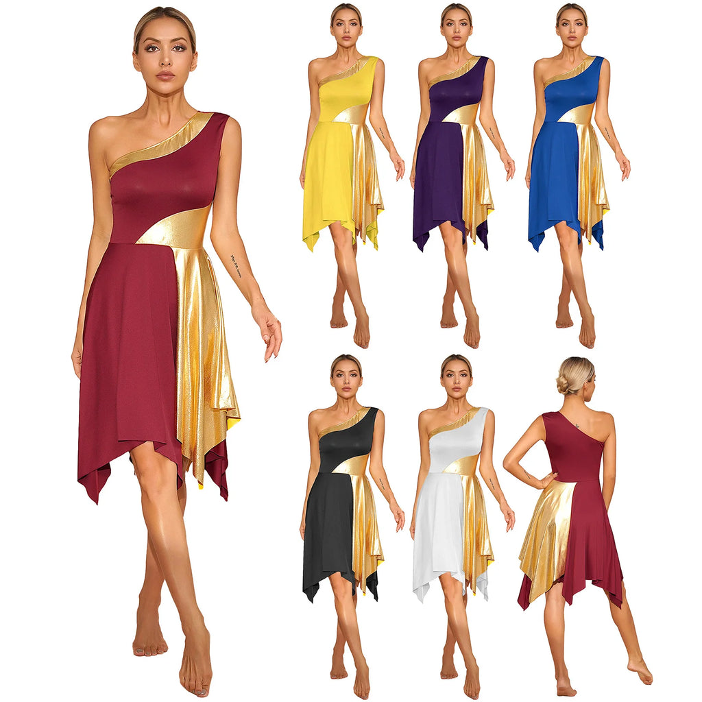 One Shoulder Irregular Hem Dance Performance Dress — Lyrical Worship Dancewear Costume