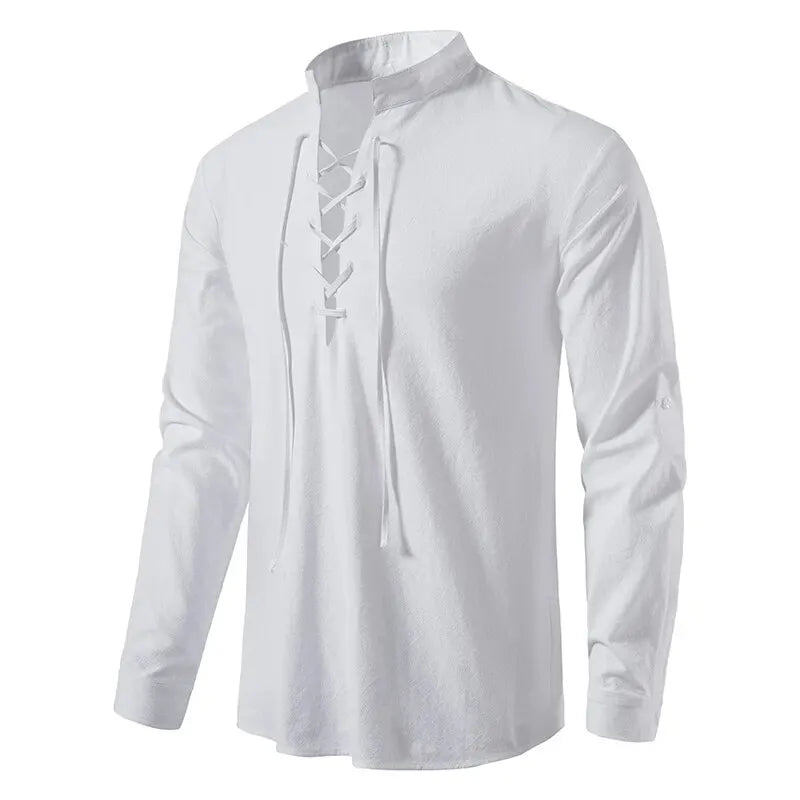 Men's Cotton Linen Drawstring Long Sleeve Shirt — Vintage Casual US Size Top