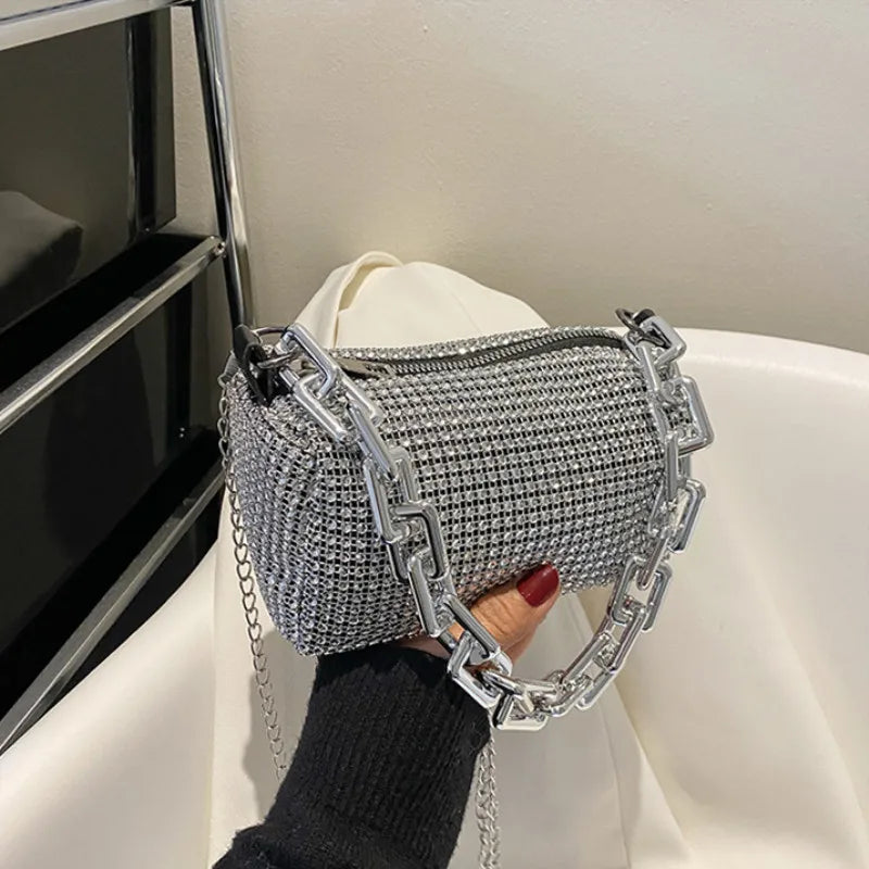 Rhinestone Glitter Mini Crossbody Bag – Chain Prom Purse Pillow Shoulder Bag for Women