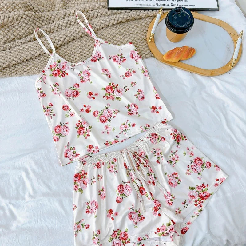 Women's Ice Silk Print Pajama Set | Round Neck T-Shirt & Shorts Breathable Homewear