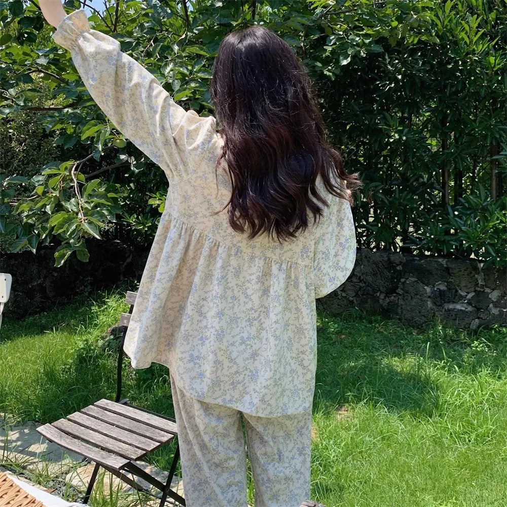 Women's Plus Size Garden Style Pajama Set | Korean Bow Homewear Long Sleeve