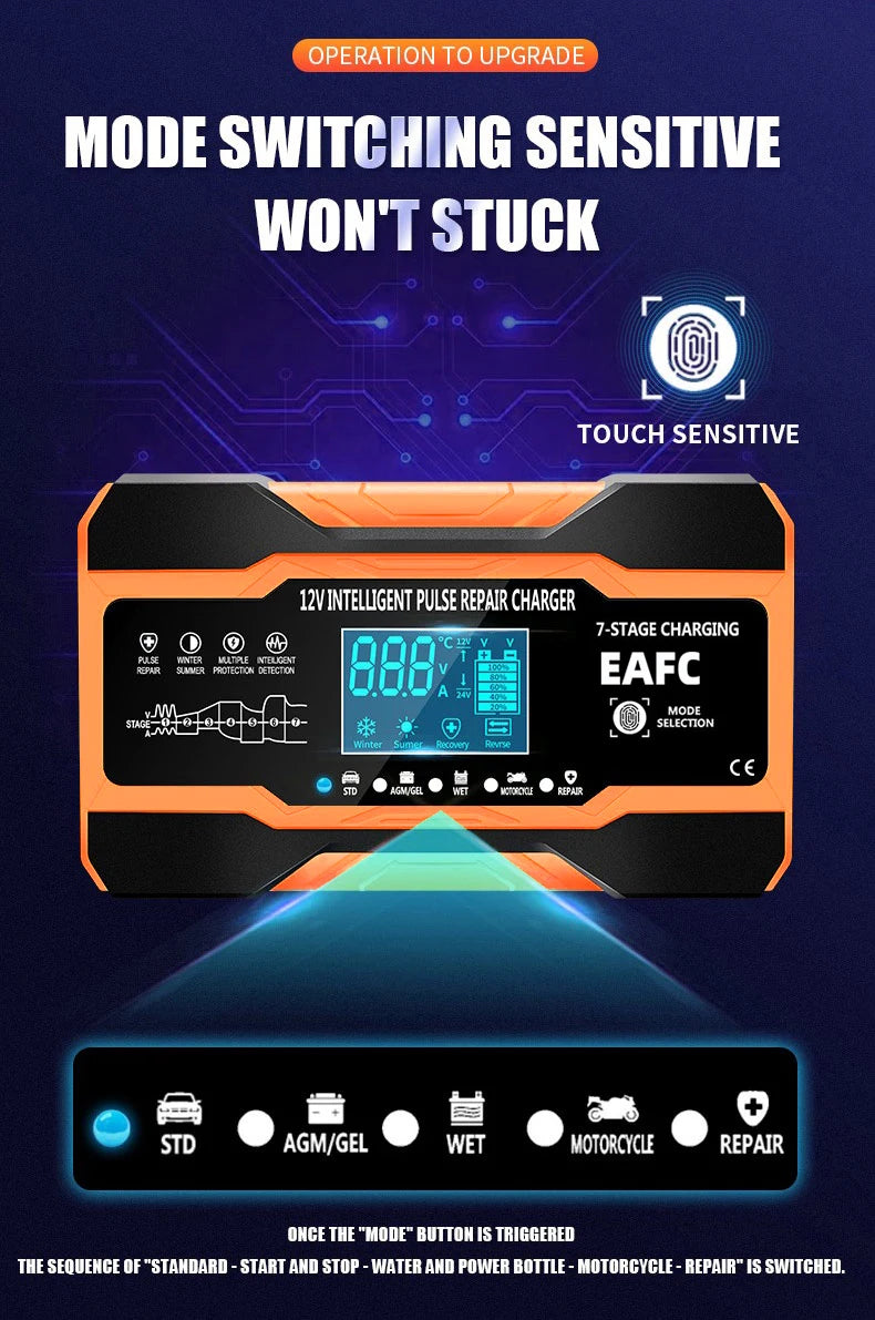 12V/24V Smart Battery Charger – 7-Stage Fast Charging & Pulse Repair for AGM, GEL, WET & Lead Acid Batteries