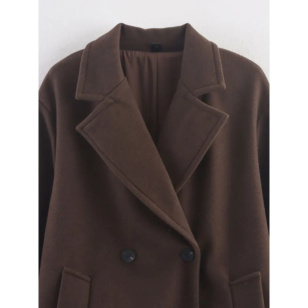 Women's Double-Breasted Woolen Coat – Elegant Long Notch Collar Autumn Winter Coat