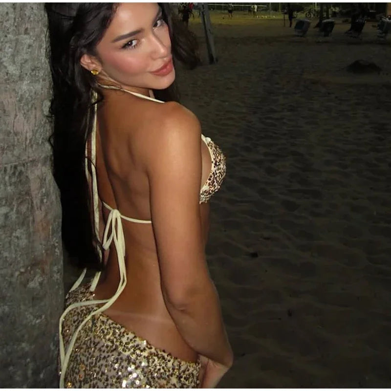 Sexy Sequin Bikini Pants 2-Piece Set | Off-Shoulder Halter, Sleeveless, Holiday Beach Outfit, S-L