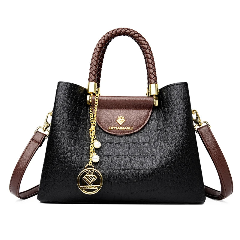 VANDERWAH Woven Handle Alligator Microfiber Leather Tote – Luxury Designer Shoulder Handbag for Women