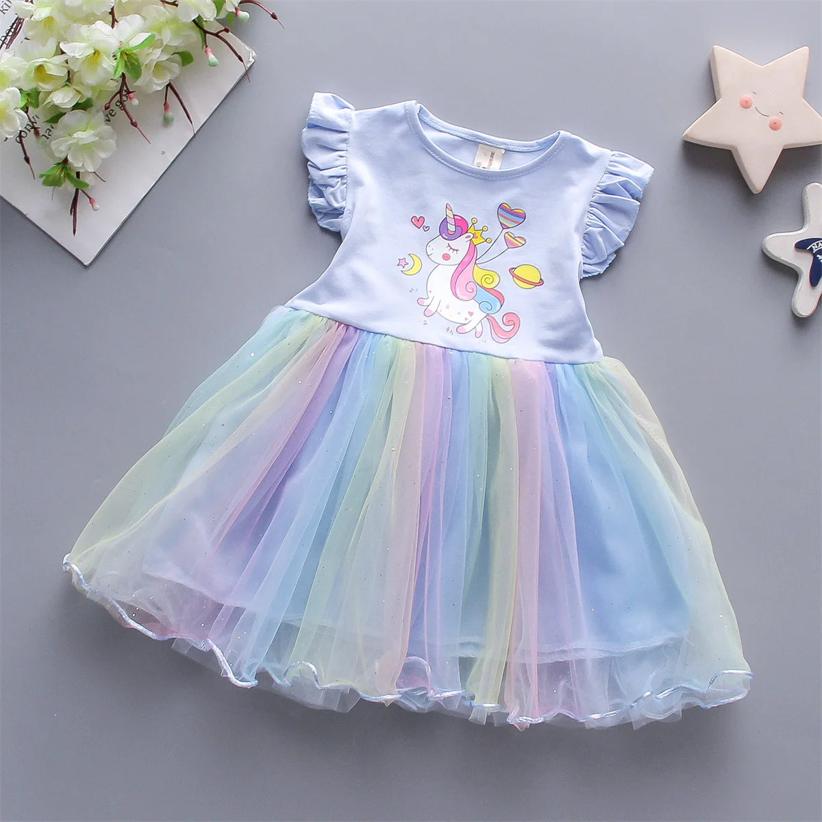 Baby Girl Sleeveless Casual Dress — Rainbow Mesh Print (0–3 Years)