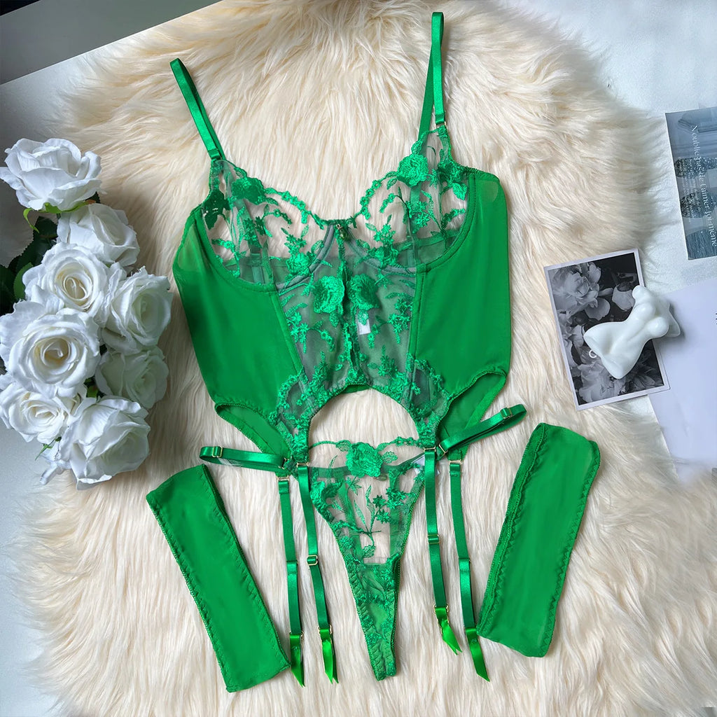 Sheer Embroidery Bra & Brief Set — Transparent Lace Underwear Suit