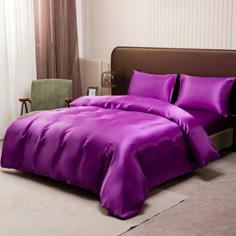 Luxury Ice Silk Satin Bedding Set – Solid Color Duvet Cover with Pillowcases, Queen & King
