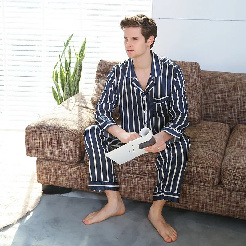 Men's Ice Silk Satin Pajama Set — Long Sleeve Top & Pants Sleepwear