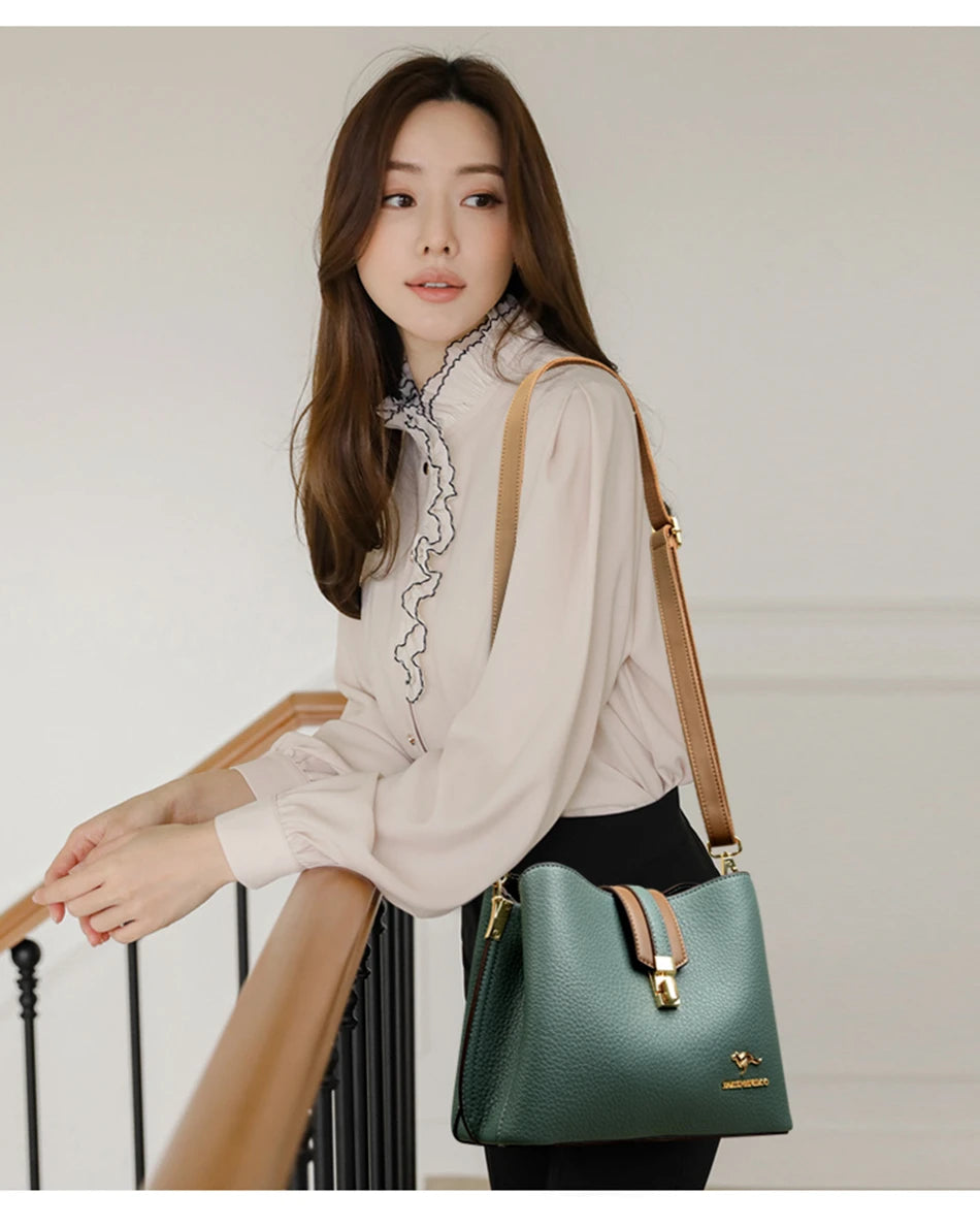 KMFFLY Patchwork Lock Square Shoulder Crossbody Bag – High Capacity PU Leather Handbag for Women