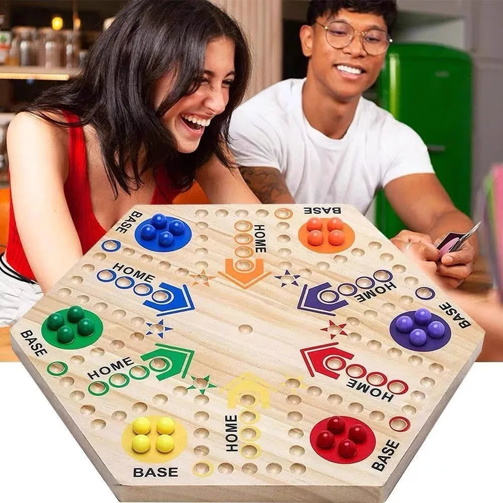 Wahoo Marble Board Game – Double-Sided Wooden Fast Track Game for 4–6 Players, 24 Marbles & 6 Dice