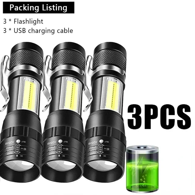 USB Rechargeable Mini Zoomable Flashlight – COB+XPE 3-Mode Torch in Single & Multi-Packs