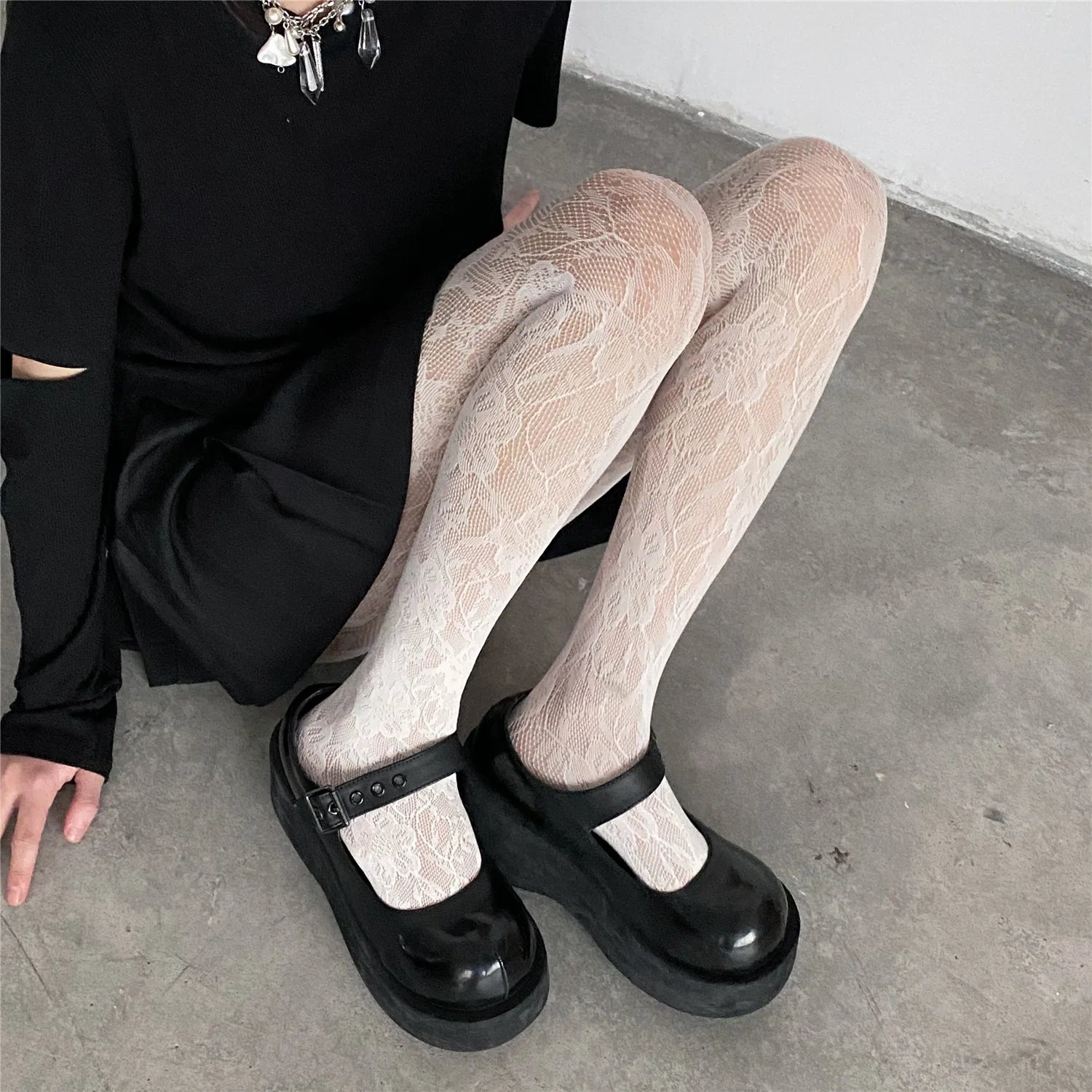 Lolita Floral Thigh-High Fishnet Stockings — Sheer Patterned Hosiery