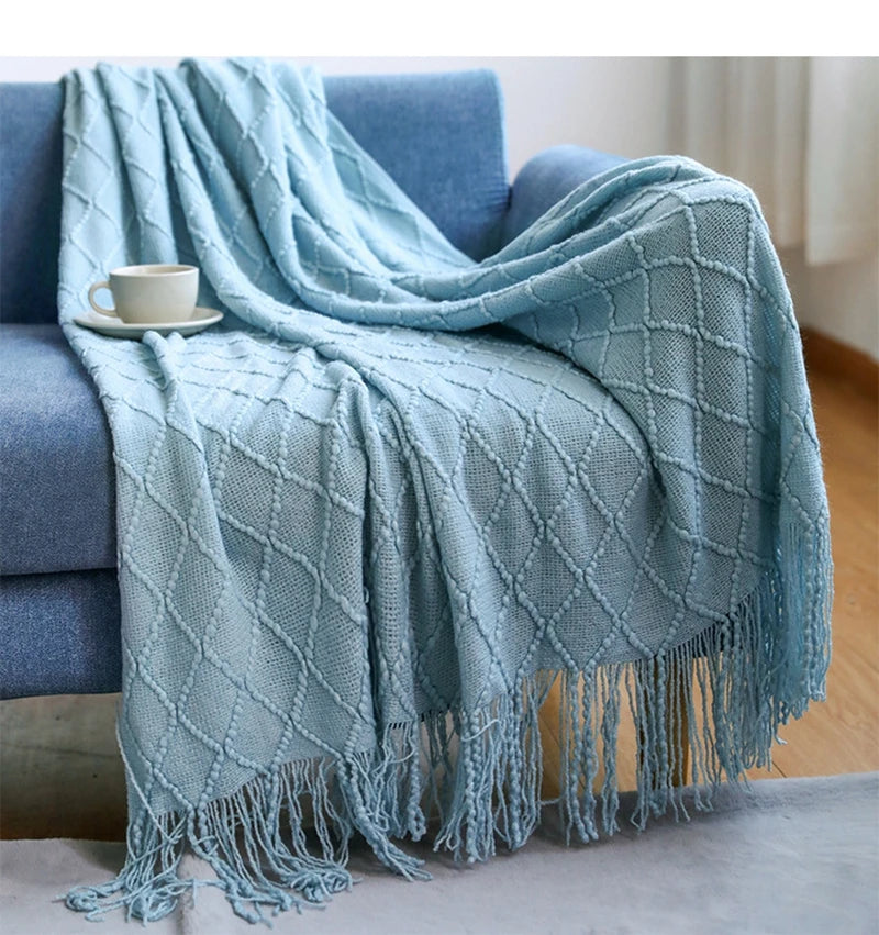 Knitted Acrylic Throw Blanket with Tassels – Chunky Farmhouse Style, 28 Colors & 2 Sizes