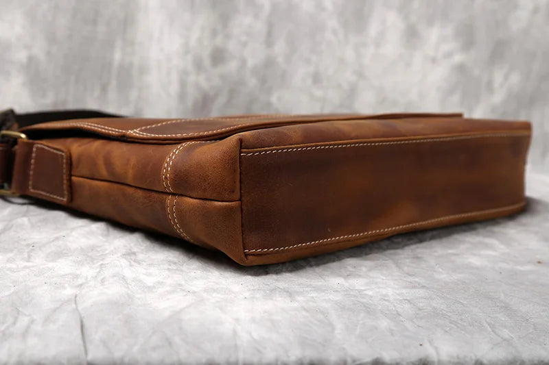 NZPJ New Leather Men's Shoulder Bag Retro Top Layer Cowhide A4 File Men's Bag Brown Handmade Crazy Horse Leather Messenger Bag