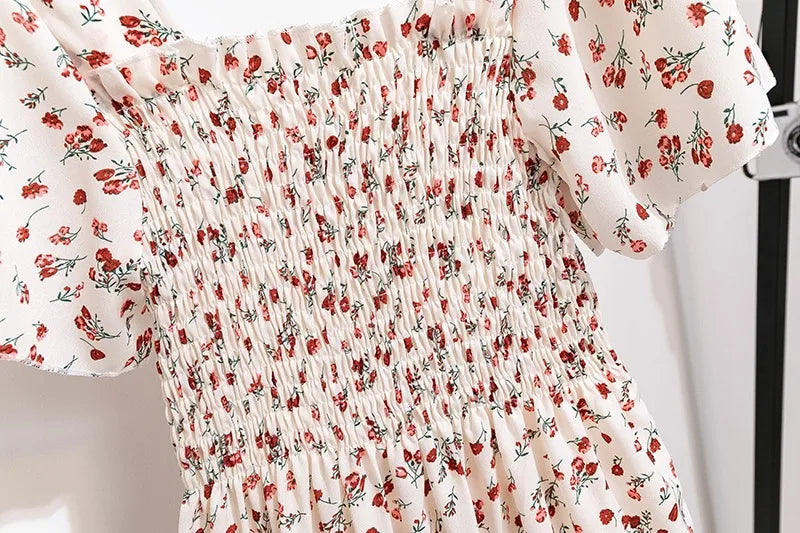 Women's Chiffon Floral Pleated Midi Dress – Short Sleeve Elastic Waist Backless Casual Dress