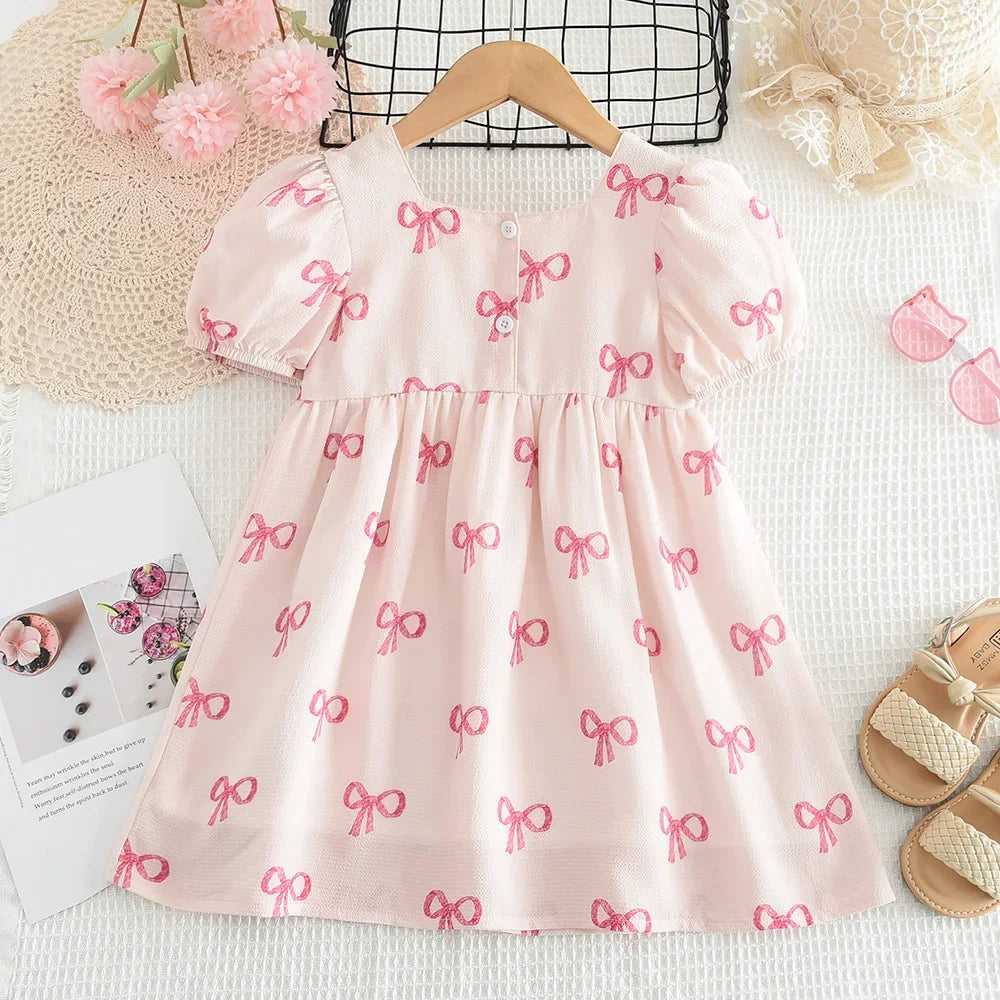 Bow Print Girls Casual Dress — Short Sleeve Sweet Summer Dress (3–7 Years)
