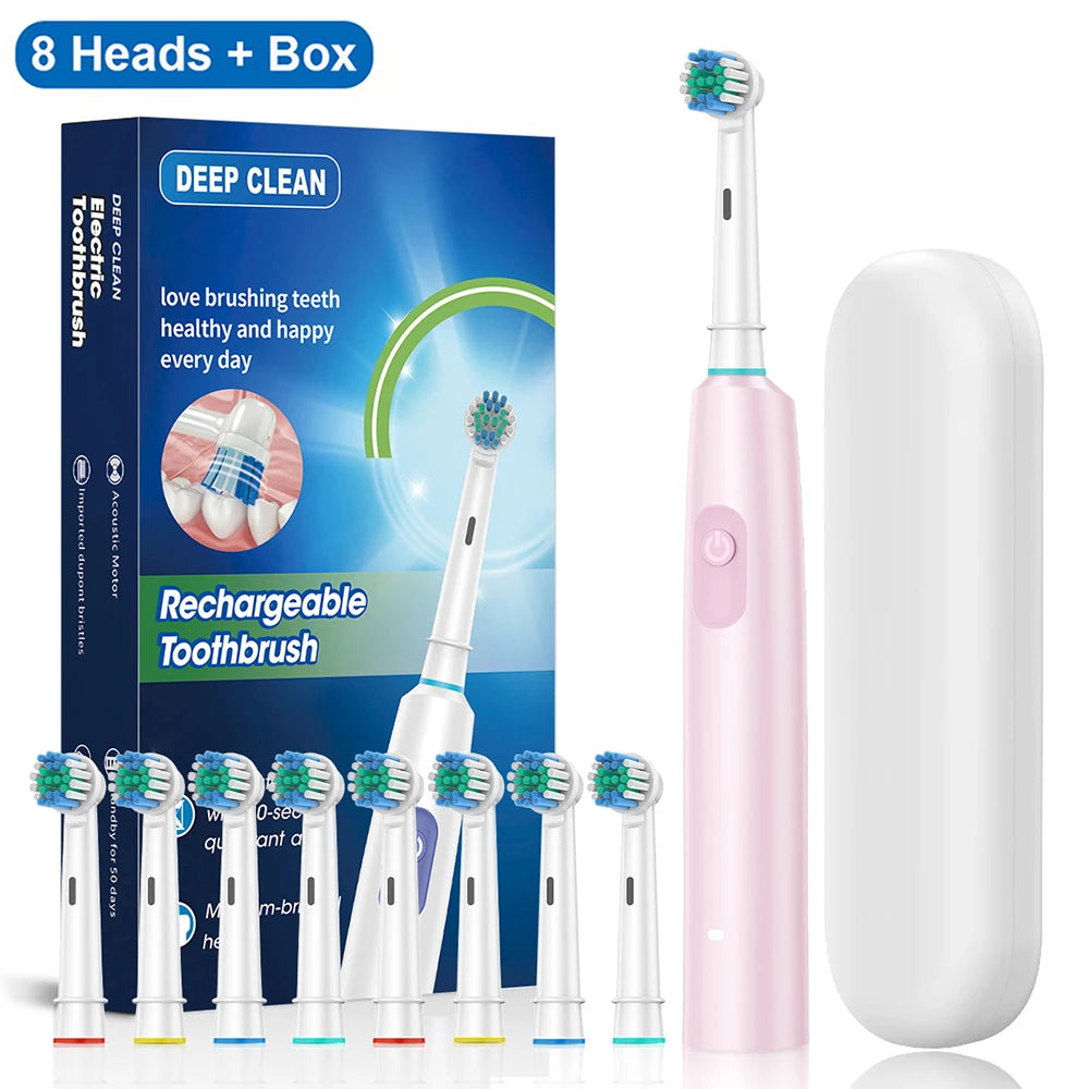 Rotary Rechargeable Electric Toothbrush for Adults – 5 Modes, 30-Day Battery, 8 Brush Heads