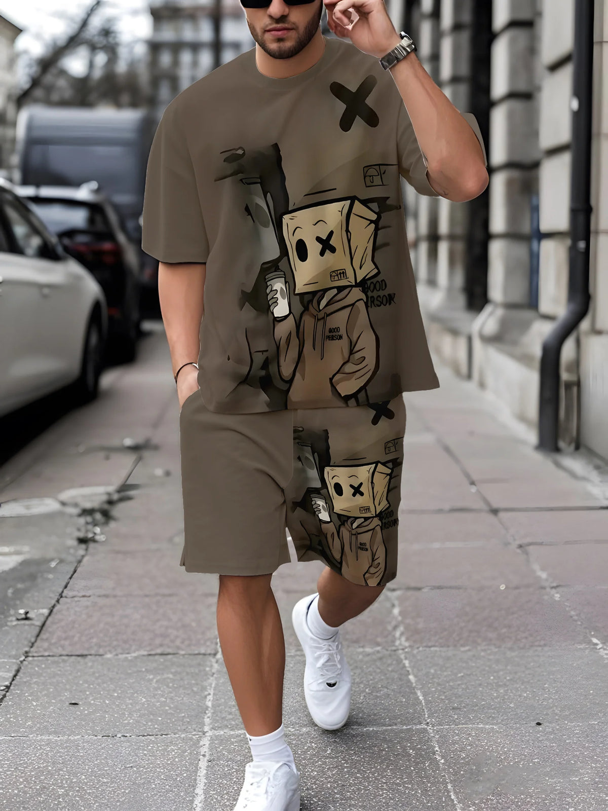 Men's Graffiti Doll Print Crew Neck Short Sleeve & Shorts Loose 2-Piece Set – Trendy Sport