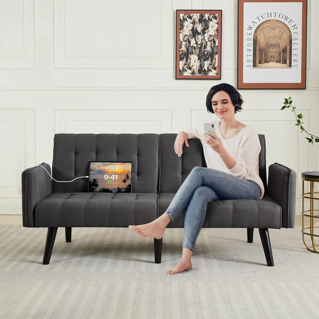 Sofa, Bed & Charging Station in One — TYBOATLE 65" Futon Sofa Bed | 2 USB Ports, Tufted Linen, Adjustable Loveseat for Small Spaces