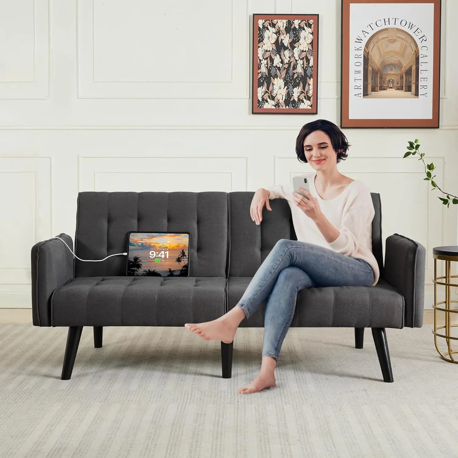 Sofa, Bed & Charging Station in One — TYBOATLE 65" Futon Sofa Bed | 2 USB Ports, Tufted Linen, Adjustable Loveseat for Small Spaces