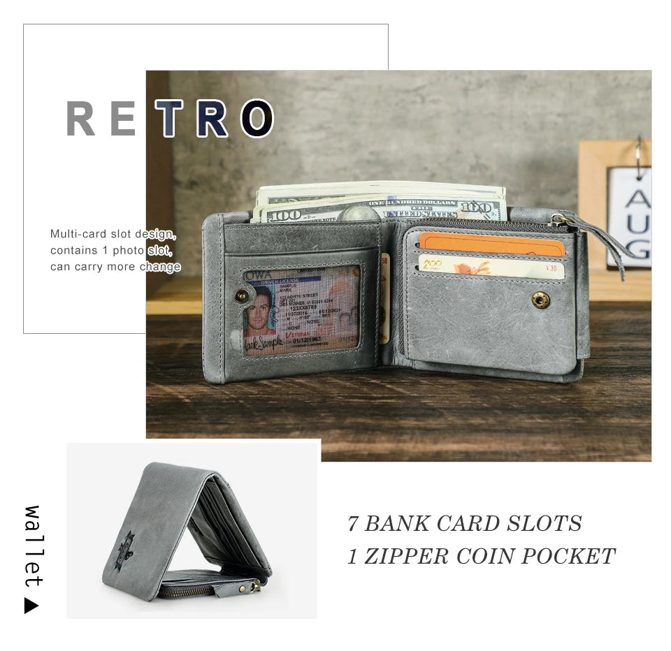 Genuine Cowhide Leather Men's Trifold Wallet – Vintage Crazy Horse Leather Zip Coin Pocket Purse