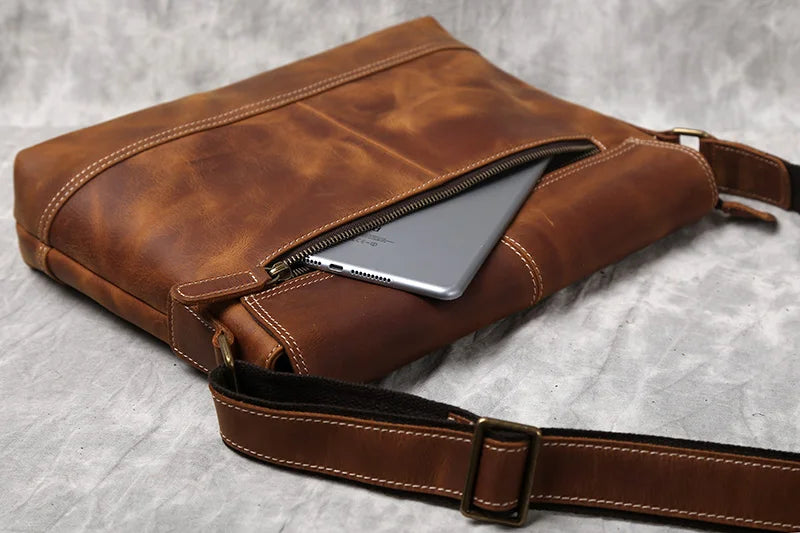 NZPJ New Leather Men's Shoulder Bag Retro Top Layer Cowhide A4 File Men's Bag Brown Handmade Crazy Horse Leather Messenger Bag