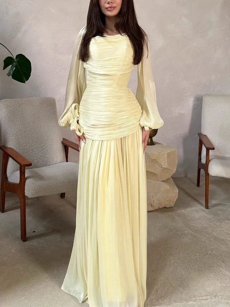 Women's Fashion Draped Design Solid Long Dress 2026 Casual Commute Waist Party Dresses Elegant O-neck Long Sleeve Evening Dress