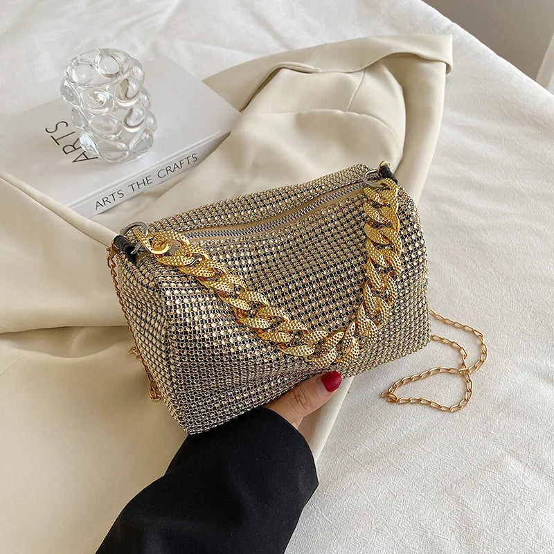 Rhinestone Glitter Bucket Bag – Mini Crossbody Prom Purse with Chain Strap for Women
