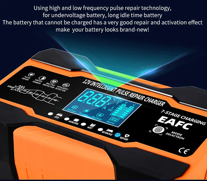 12V/24V Smart Battery Charger – 7-Stage Fast Charging & Pulse Repair for AGM, GEL, WET & Lead Acid Batteries