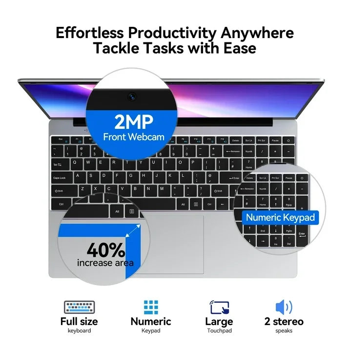 15.6" Intel Slim Laptop – Backlit Keyboard, Up to 32GB DDR4, 2TB SSD, 3 Colors, Windows 11