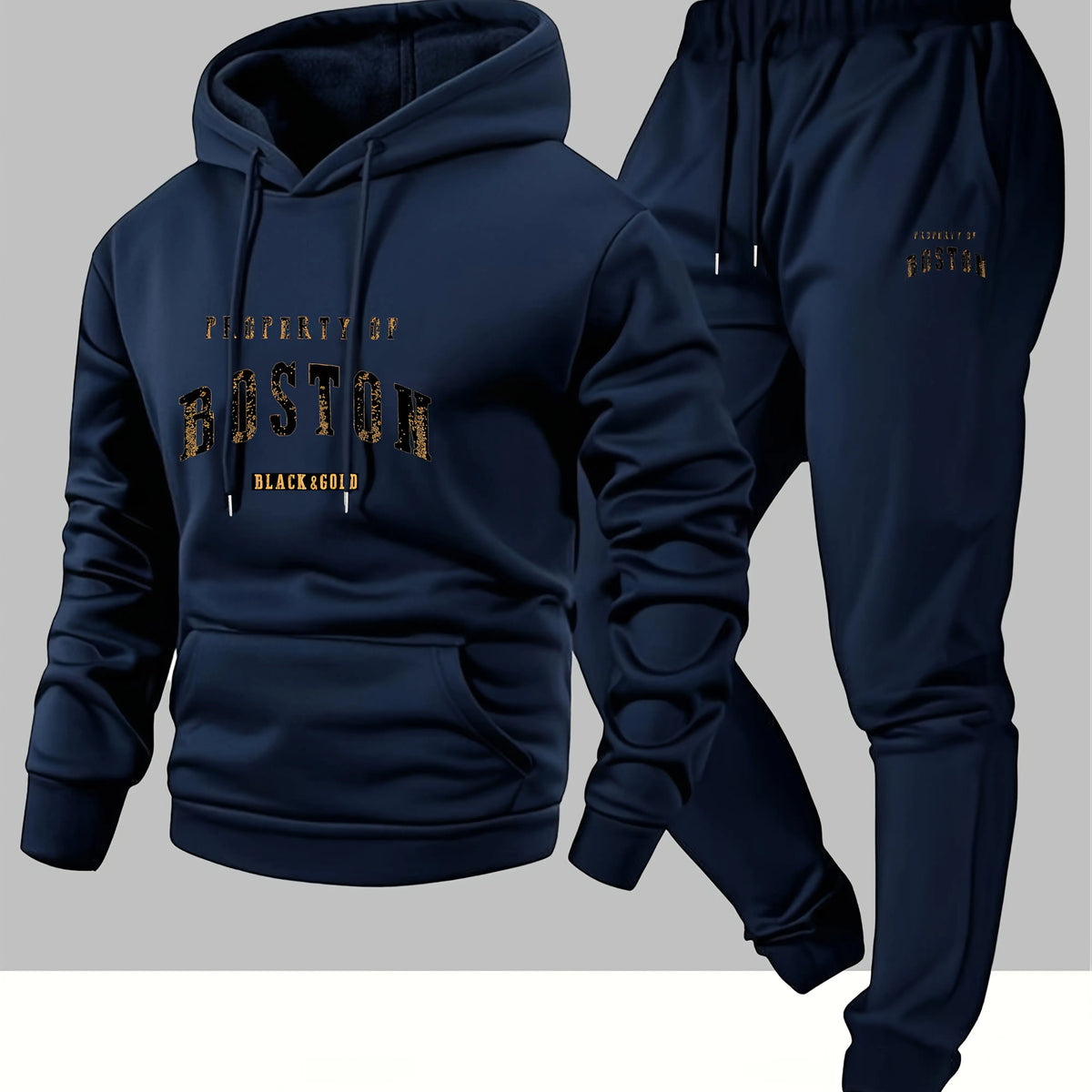 Men's Boston Print Hoodie & Velvet Sweatpants Set – Warm Autumn Winter Tracksuit