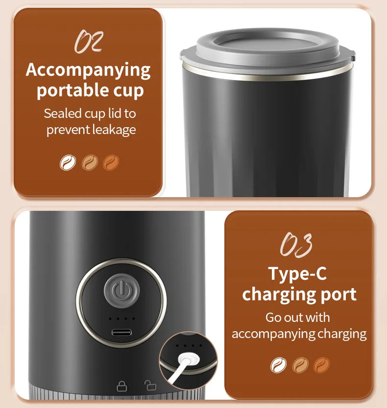 3-in-1 Portable Capsule Espresso Coffee Maker – Type-C Rechargeable, Automatic, for Car, Home & Camping
