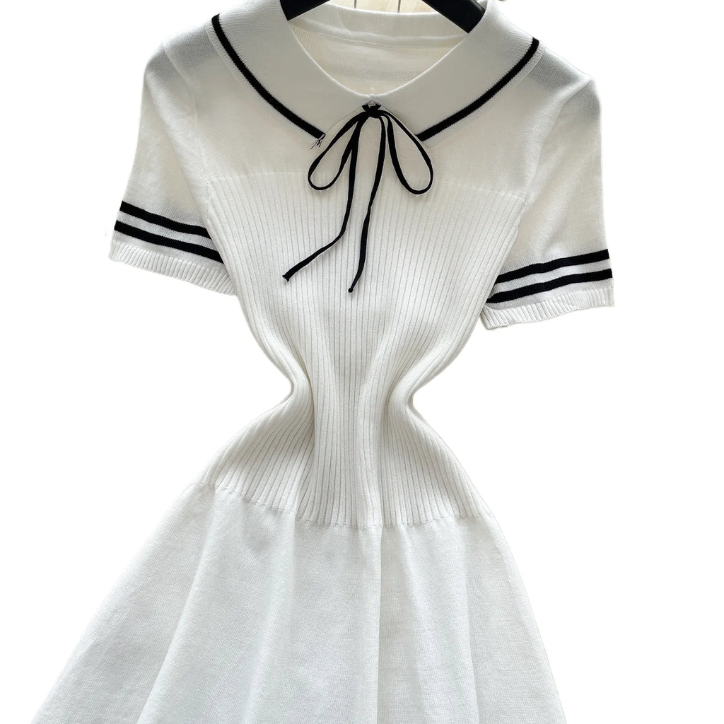Women's Peter Pan Collar Bow Sundress – Ribbed Knit A-Line Mini Dress for Casual & Party